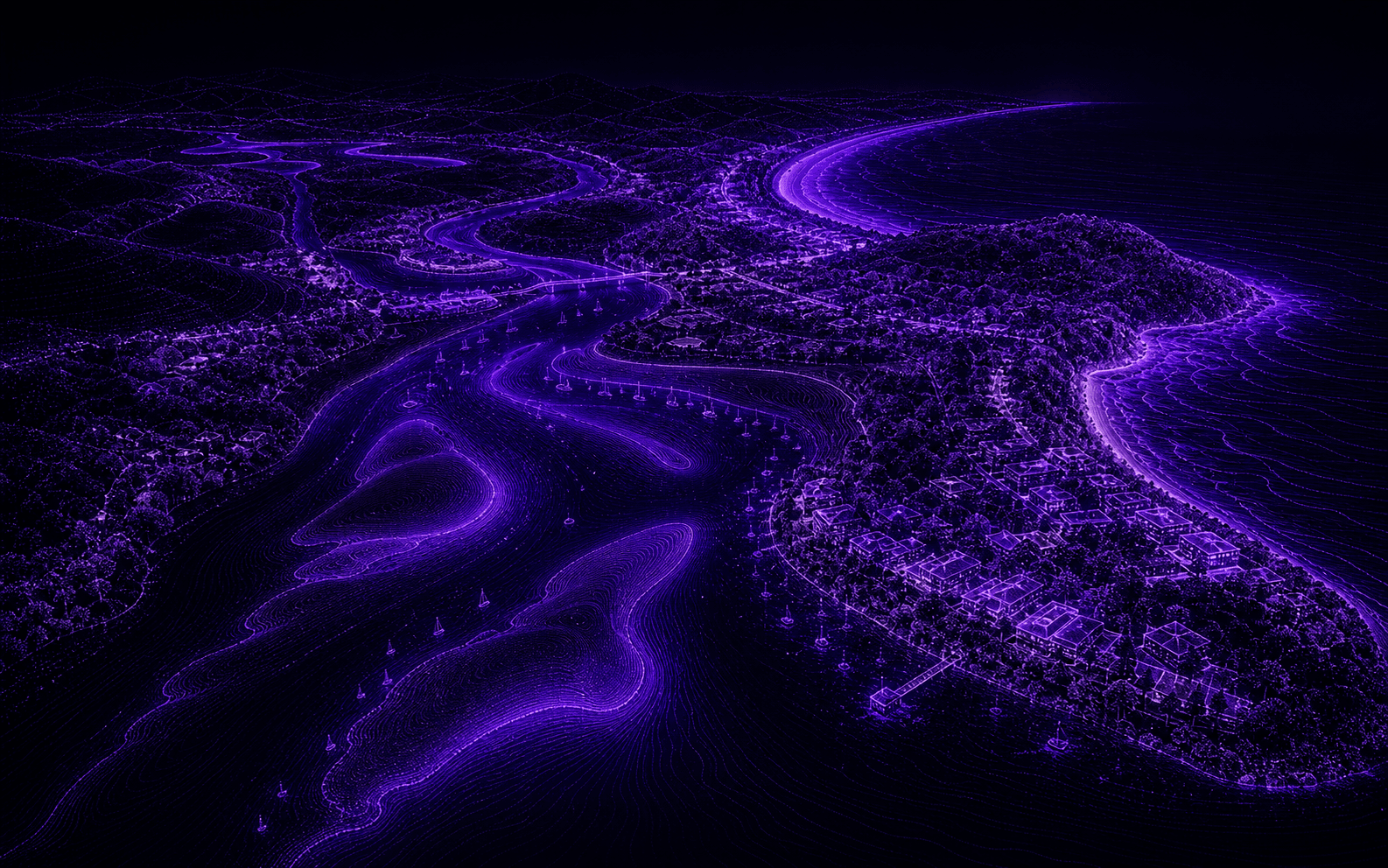Noosa and the Sunshine Coast rendered as a violet digital aerial