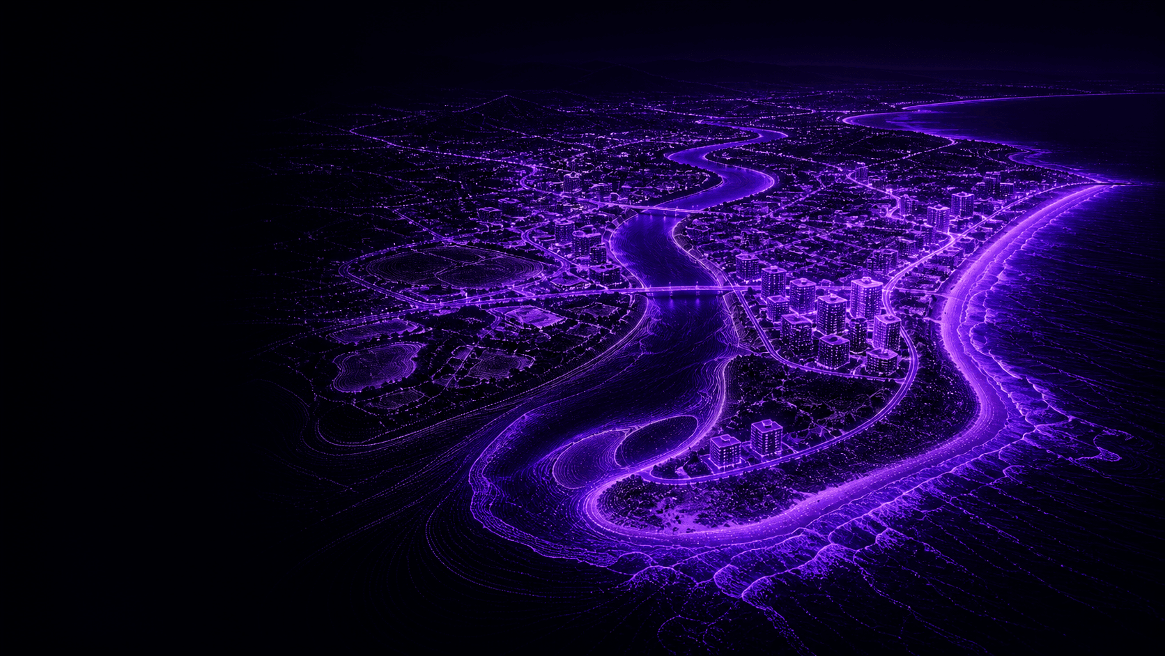 A luminous point-cloud aerial of Maroochydore, the Maroochy River and coastline